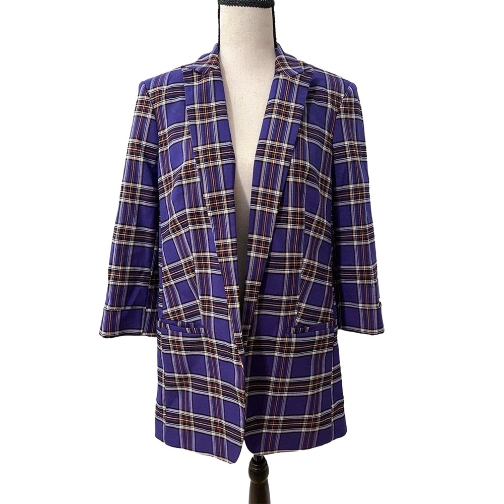 Express Oversized Open Blazer | Purple Plaid Size M, 3/4 Sleeve